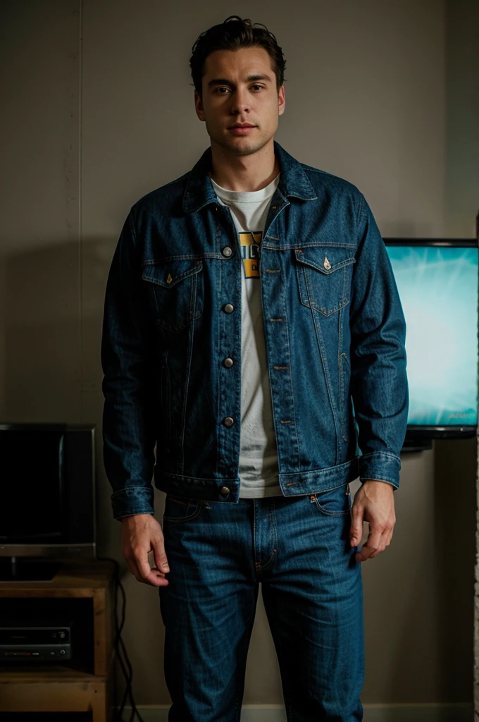 monitor head, jacket, jeans, hands in pockets, tv static, 
