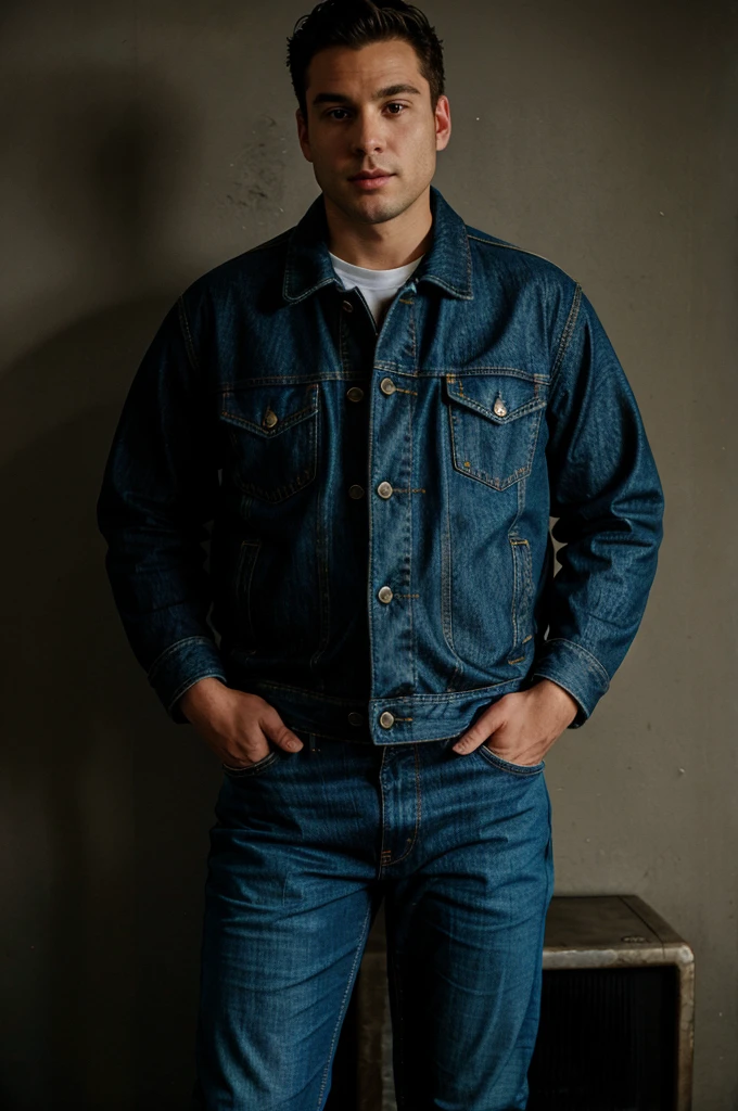 monitor head, jacket, jeans, hands in pockets, tv static, 
