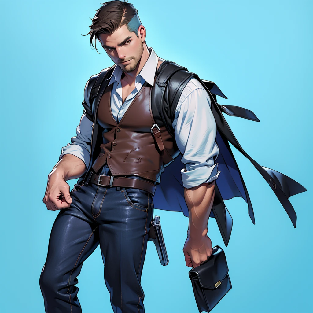 1 man, male focus solo, middle aged man,Stephen AMELL, tall, lean muscle, light blue shirt, brown leather shoulder holster, faded black trouser, full body shot, black short hair, facial hair, holding a pistol with two hands, (pistol:1.2), ultra high quality, masterpiece, low camera angle, intense splashed blue and white paint in the blackground