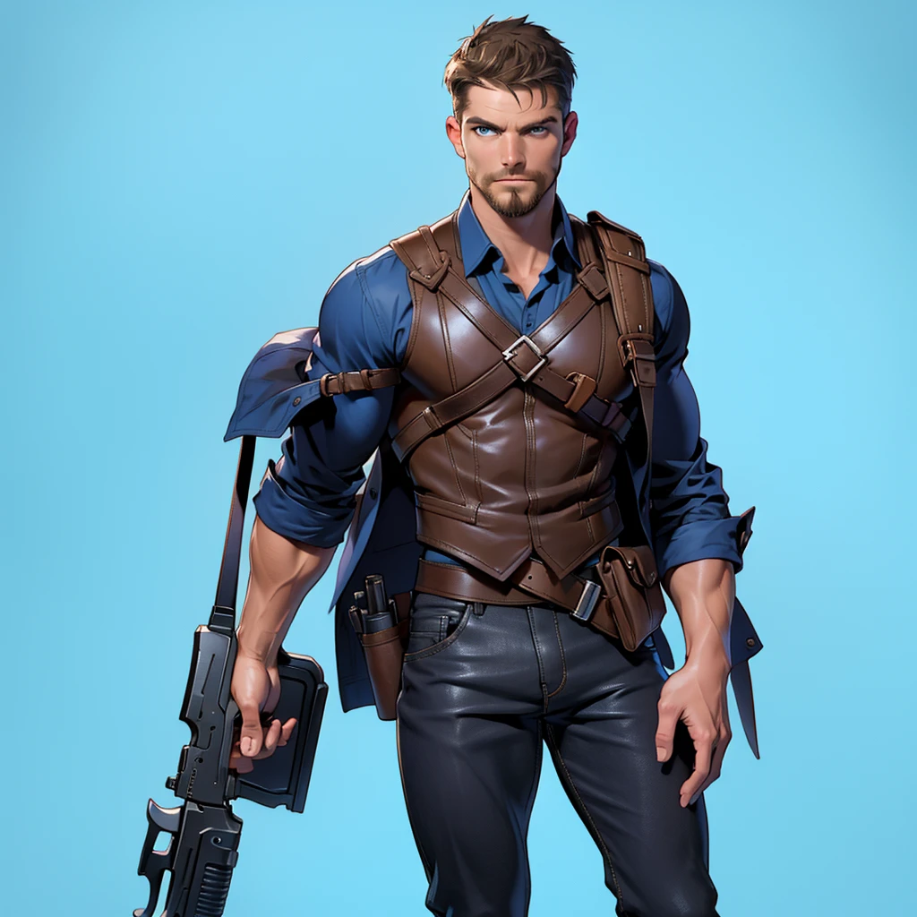 1 man, male focus solo, middle aged man,Stephen AMELL, tall, lean muscle, light blue shirt, brown leather shoulder holster, faded black trouser, full body shot, black short hair, facial hair, holding a pistol with two hands, (pistol:1.2), ultra high quality, masterpiece, low camera angle, intense splashed blue and white paint in the blackground