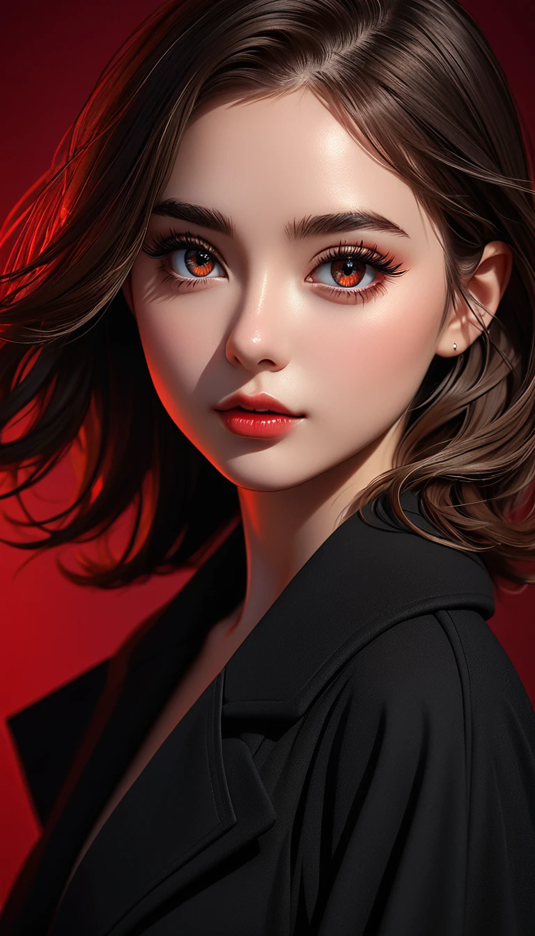 best quality,8k,masterpiece,beautiful girl,extremely detailed skin,bright eyes,thick eyelashes,unique,gazing at viewer,black coat dress,1.37,belt,chiaroscuro,clean simple red background