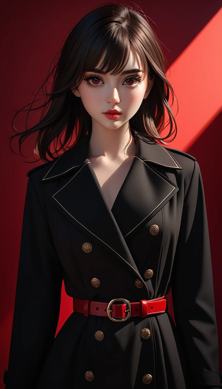best quality,8k,masterpiece,beautiful girl,extremely detailed skin,bright eyes,thick eyelashes,unique,gazing at viewer,black coat dress,1.37,belt,chiaroscuro,clean simple red background
