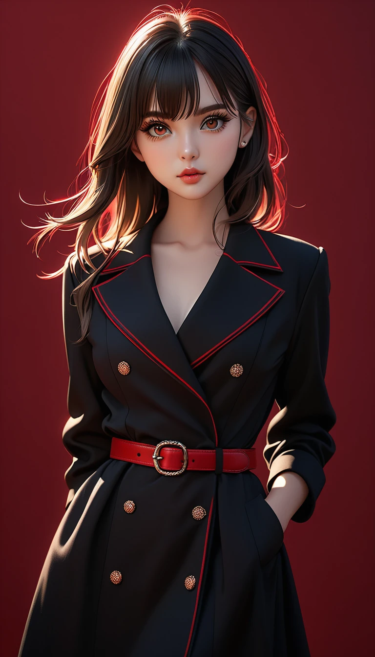 best quality,8k,masterpiece,beautiful girl,extremely detailed skin,bright eyes,thick eyelashes,unique,gazing at viewer,black coat dress,1.37,belt,chiaroscuro,clean simple red background