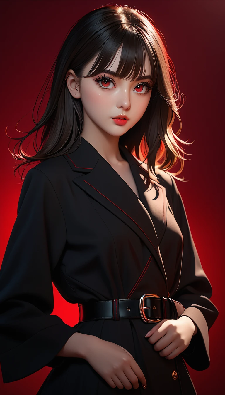 best quality,8k,masterpiece,beautiful girl,extremely detailed skin,bright eyes,thick eyelashes,unique,gazing at viewer,black coat dress,1.37,belt,chiaroscuro,clean simple red background