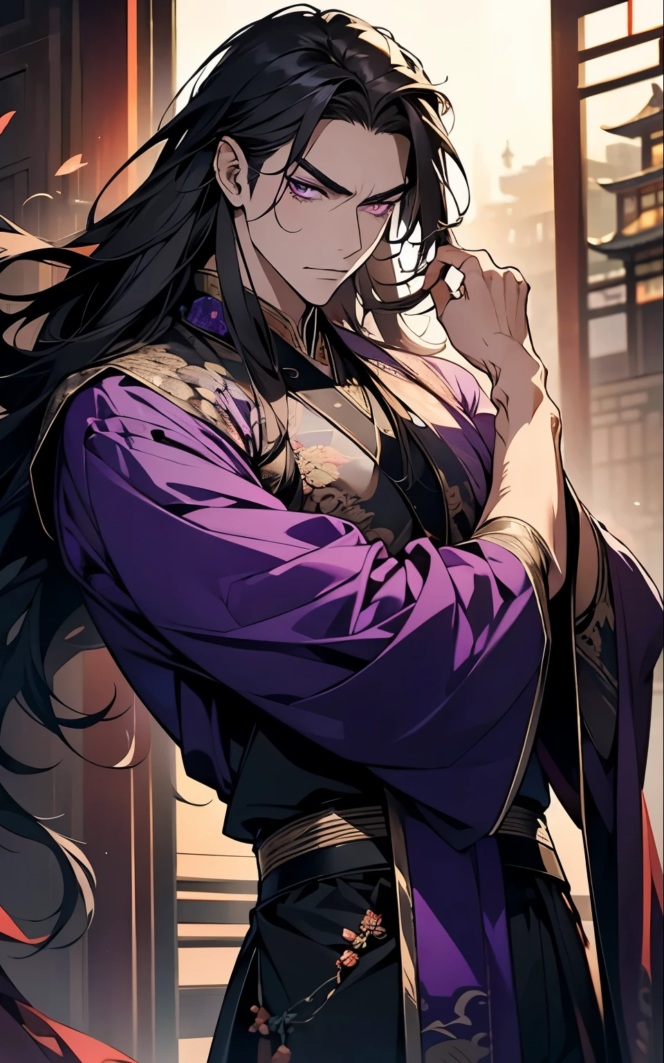 1 middle-aged man, (45 years old), long black hair, violet eyes, chinese clothes, (!PURPLE! clothes), available at purple chinese room, angry