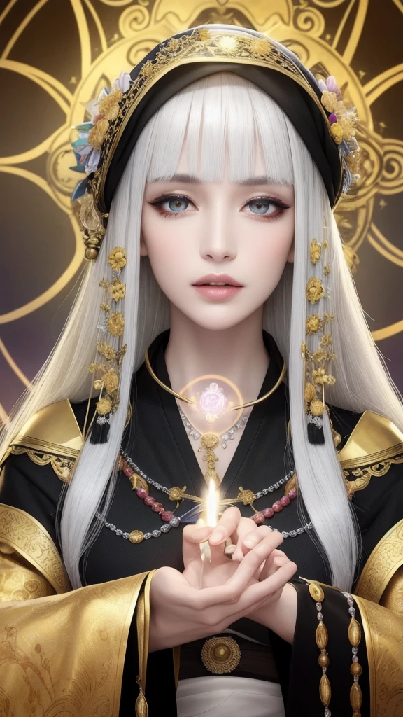 (masterpiece, top quality, 1 female, solo, exquisite details, chromatic aberration), (realistic), (skin), ((breathing)), (silver hair, blunt bangs, short straight long hair, short bangs, silver hair), beautiful hair, red headdress, blue highlights, hair over one eye, pretty eyes, purple eyes, thick lips, earrings, piercing eyes, ((gold and white kimono)), ((symmetrical eyes)), ((perfectly symmetrical body)), ((perfectly symmetrical hands)), (purerosface_v1:0.3), night, ((self, natural light))), bright lighting, flowers blooming in the background, in front of the viewer, ((central shot, from the front, (face and shoulders))), mysterious atmosphere, flowers blooming around, light colored background, fortune teller in kimono, beautiful fortune teller, fortune teller, fantasy female fortune teller, female fortune teller, f Fantasy photography, magician, witch fairy tale, Japanese style, elegant cinematic fantasy art, fantasy woman, sorceress portrait, casting spells, fortune teller, powerful wizard stands among mystical colorful flowers, fluttering robes adorned with symbols, holding a glowing heart crystal ball, eyes glowing with mystical energy, spells leaking from his mouth, vivid swirling patterns of black magic pulsating with iridescent hues appear in the air, magic permeates, flowers bloom, sacred creatures gaze in awe, threads of magical energy dance, revealing hidden realms, unravelling secrets, capturing the essence of this enchanting moment and bringing to life the mystical power of witchcraft on a canvas of the highest quality and finest detail. Top Quality, Masterpiece, Ultra High Resolution, (Photorealistic: 1.4), RAW Photo, Sharp Focus, High Resolution, Detailed Skin.