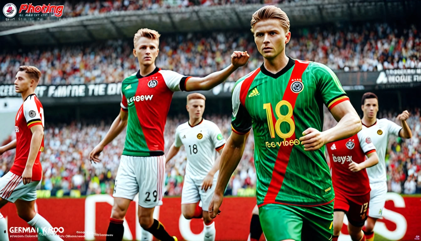 high quality, hyperdetailed, 3d, dynamic, dramatic lighting, highly detailed, photorealistic, 1 german male soccer team, soccer players, athletes, football, soccer, team, sports, sports uniforms, soccer jerseys, cleats, soccer ball, soccer field, stadium, crowds, cheering fans, flags, banners, action pose, muscular figures, sweat, motion blur, depth of field, germnan flag on jersey, (Toni Kroos, jersey nr. 8), ((shootinga penaltyl))