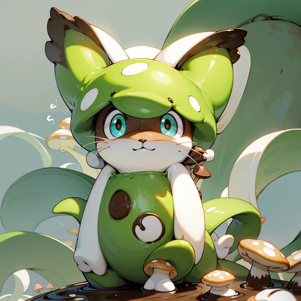 The head of the &quot;creamy white cat&quot; has transformed into a button-shaped hat shaped like a &quot;chocolate brown poisonous mushroom&quo body is like a poisonous mushroom，The body changes into the shape of a poisonous mushroom，The feet also become cylindrical and long，But without losing the cat’s hair and mobility。
Eyes become round and big，Chocolate brown。
耳窩Chocolate brown。
The tail becomes like a platypus，flat and wide。