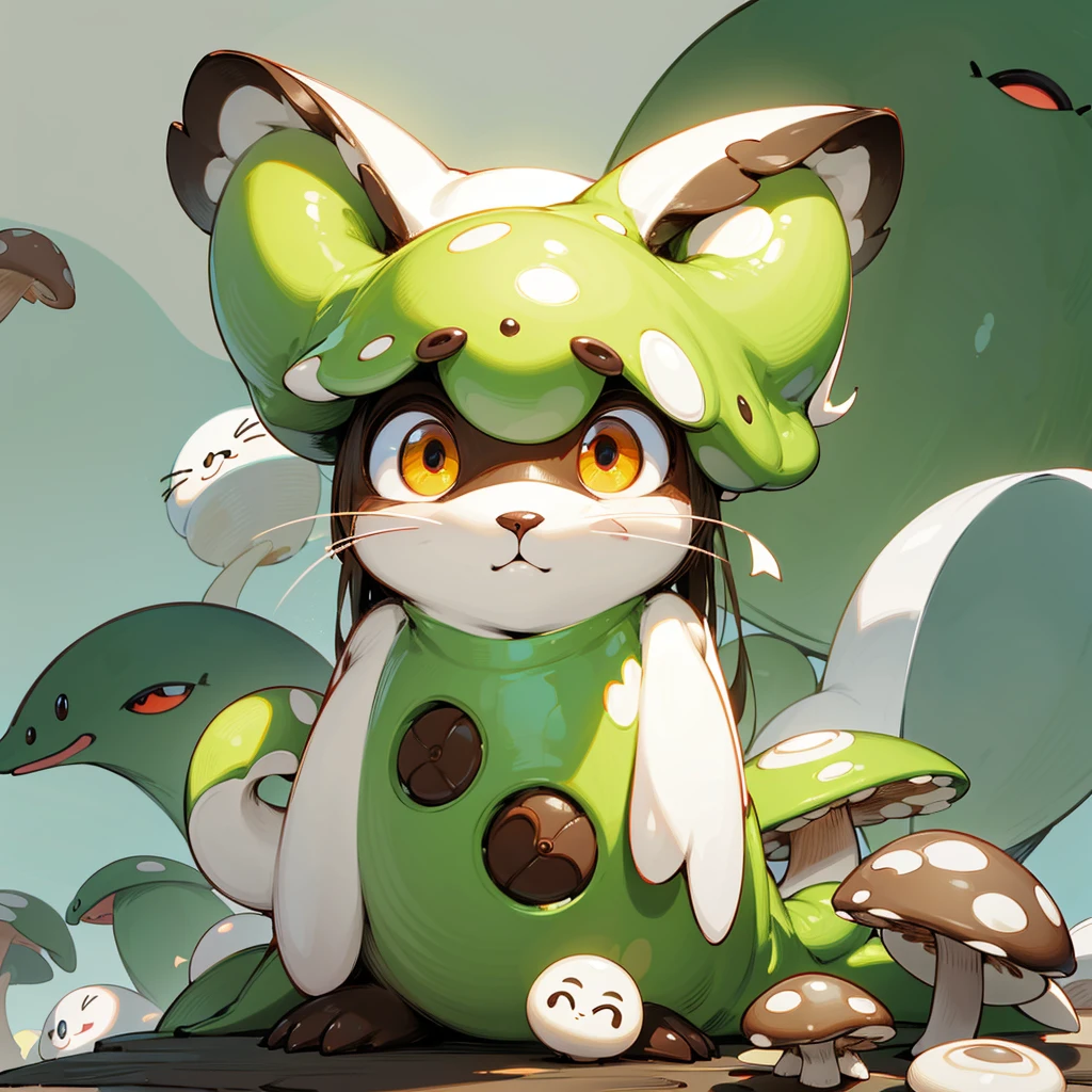The head of the &quot;creamy white cat&quot; has transformed into a button-shaped hat shaped like a &quot;chocolate brown poisonous mushroom&quo body is like a poisonous mushroom，The body changes into the shape of a poisonous mushroom，The feet also become cylindrical and long，But without losing the cat’s hair and mobility。
Eyes become round and big，Chocolate brown。
耳窩Chocolate brown。
The tail becomes like a platypus，flat and wide。