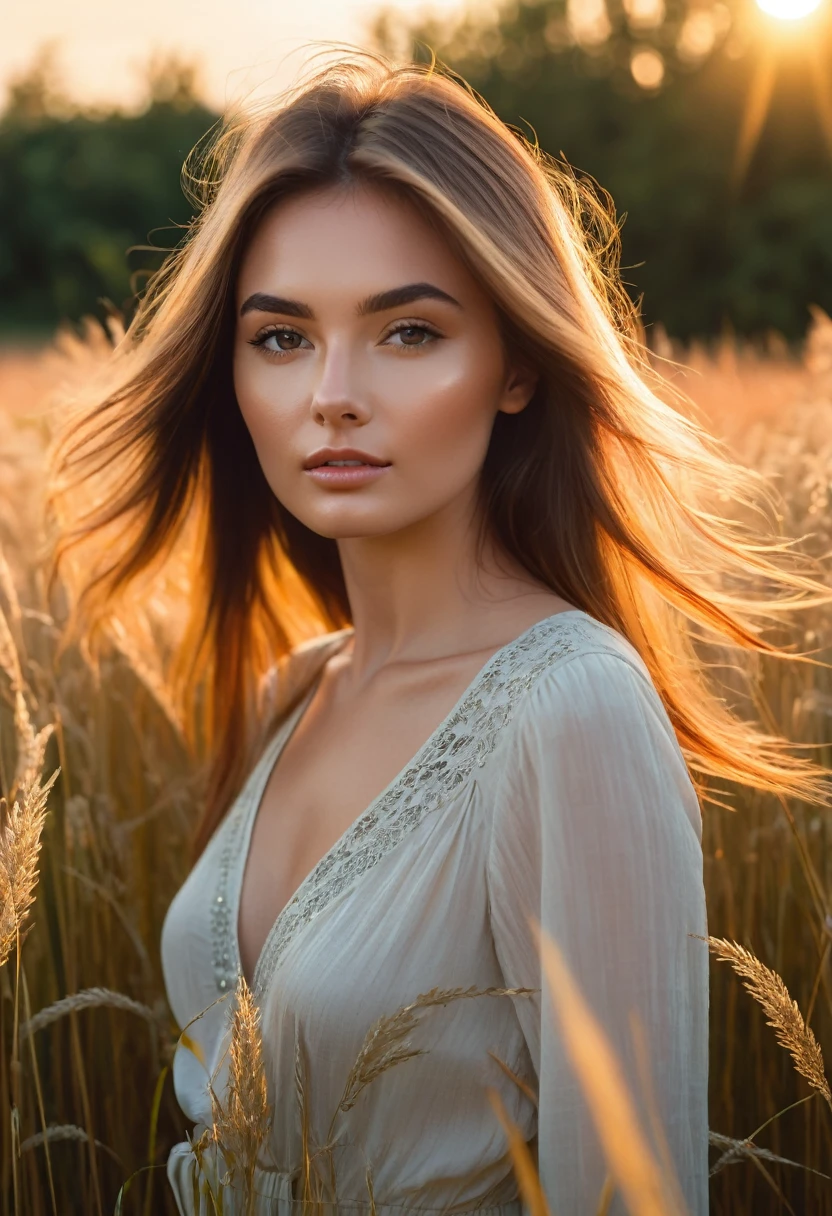 a woman standing in a field of tall grass with the sun setting, gorgeous woman, cinematic beautiful natural skin, attractive woman, attractive girl, photo of a beautiful woman, gorgeous attractive face, extremely beautiful face, in a field, beautiful female model, portrait of a beautiful model, soft portrait shot 8 k, beautiful delicate face, a beautiful young woman, attractive beautiful face
