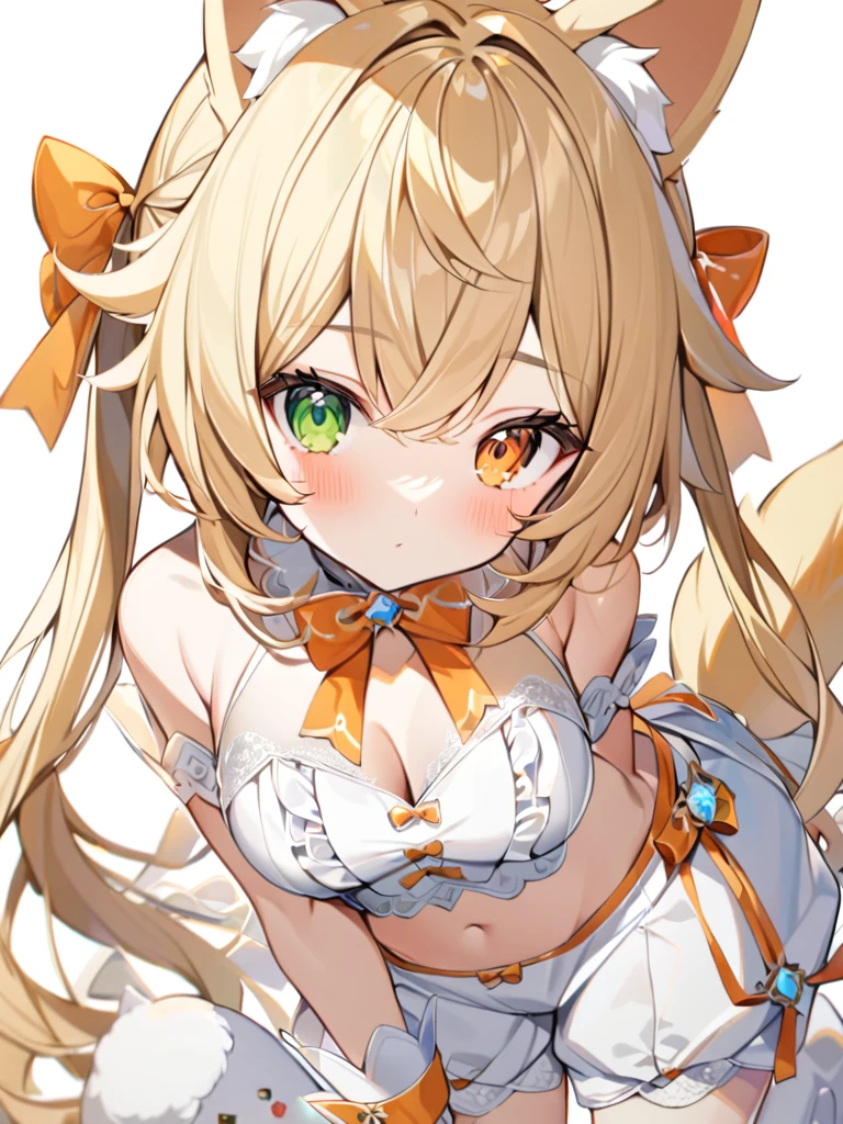 1girl, animal ears, bangs, bare shoulders, blonde hair, blush, bow, breasts, white cleavage, cropped torso, , green eyes, hair ribbon, heterochromia,  stlooking at viewer, , orange bow, orange eyes, orange ribbon, ears like an unearthly animal, fluffy tail, light tail, real tail, ribbon, solo, stuffed animal, stuffed bunny, stuffed toy, twintails, upper body, full-length, white legbands, white shoes with lace and white bows, white background, wrist cuffs, yellow eyes, bloomers, close-up, fair skin frills, lace, midriff, skirt, solo, , white background,shorts, white top with ribbon and lace and trousers,trousers, genshin,white slippers with a bow,All clothes are white, laceAt full height, it stands, в полный рост