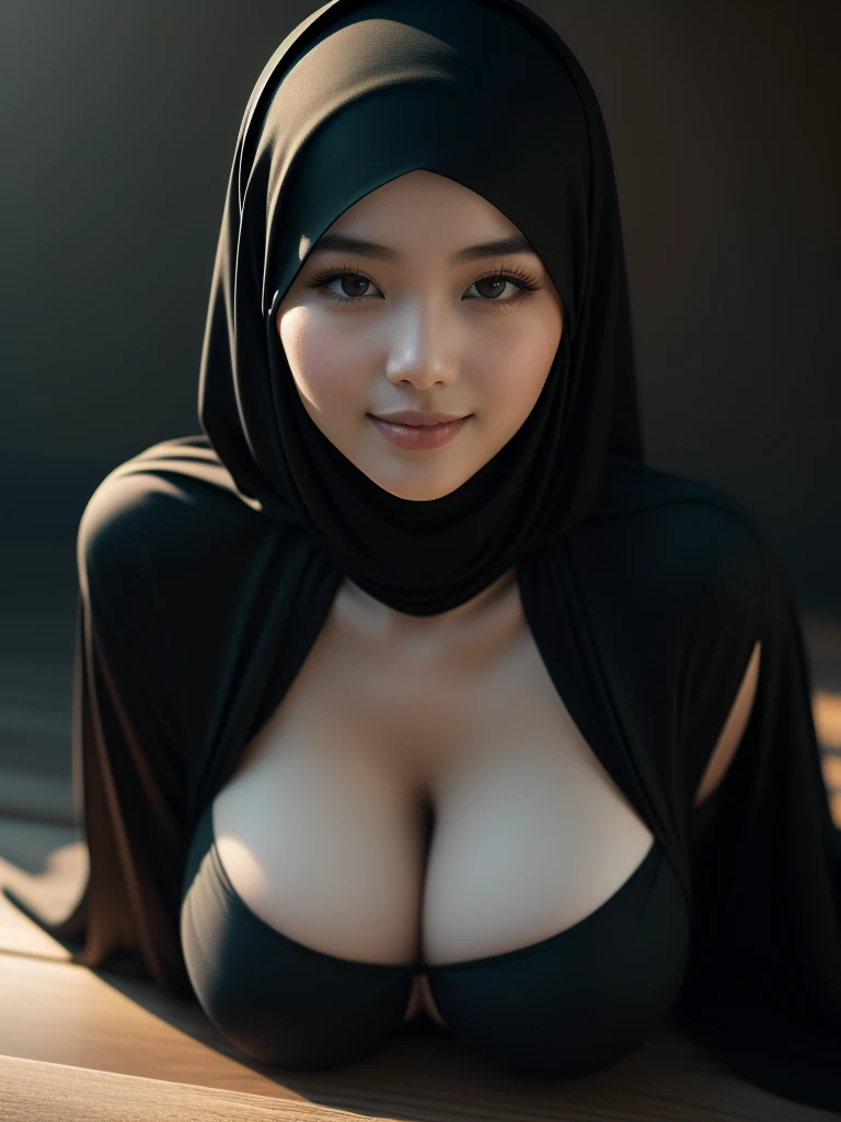 (bubble ass),(RAW photo, best quality), (realistic, photo-realistic:1.3), masterpiece, an extremely delicate and beautiful, asian girl, extremely detailed, CG, unity , 2k wallpaper, Amazing, finely detail, light smile, extremely detailed CG unity 8k wallpaper, huge file size, ultra-detailed, high res, soft light, 1girl, ((Beautiful white islamic girl with a beautiful face with black hijab)), beautiful eyes, muslim woman, colorful, laying down, (thick girl), large beautiful breast, (full body), ((woman wearing a black Abaya with large white polka dots and Khimar Hijab))