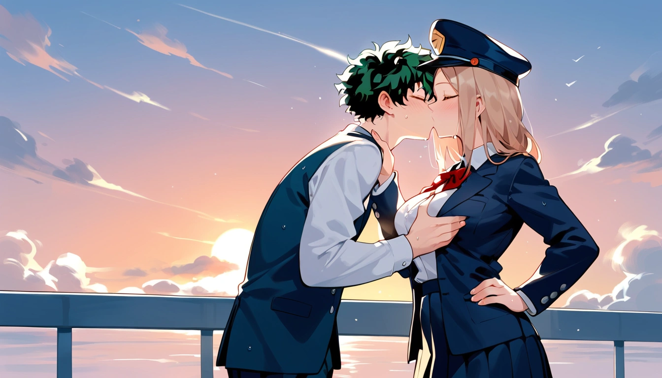 anime artwork, score_9, score_8_up, score_7_up, score_6_up, score_5_up, score_4_up, r,Camie Utsushimi, light brown hair, dark brown eyes,, breasts, , big breasts, (school uniform:1.2), standing, cap, she is 24 years old, wet whirt, ,horny, , , white stockings, style_3, 1boy, Izuku Midoriya, he is also in , kissing, outdoors, , blush, wet, dark atmoshpere, closed eyes, evening, , his hands on her hips, sky, clouds, sunset