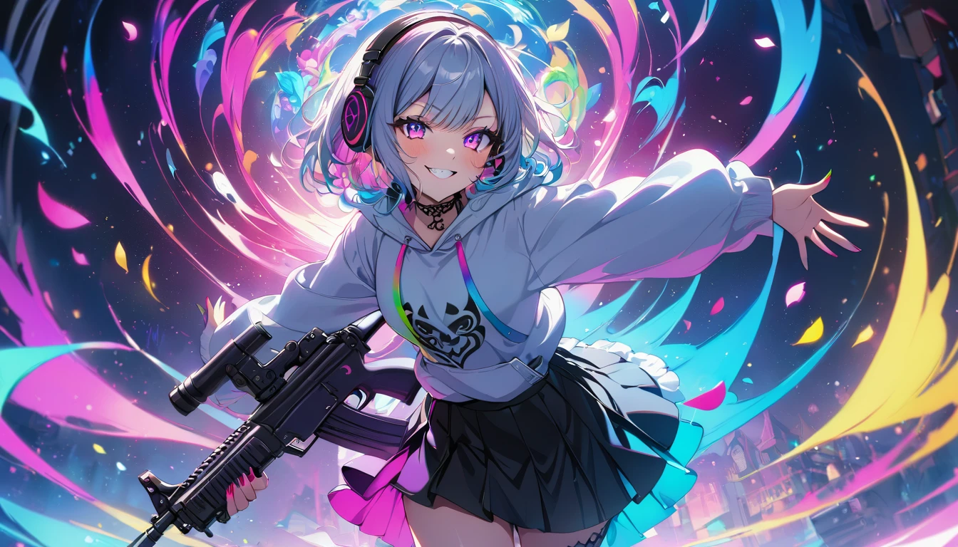 ((Masterpiece)), ((best quality)), (Anime:1.3), (super detail:1.2), (High Definition:1.3), (Professional Photography:1.3), cute young Girl, (holding assault rifle:1.5), Glossy unruly hair, (loose swept bangs), (silver ash hair), medium hair, big eyes, (Eye bags:1.3), (Long eyelashes), colorful eyes, (evil smile and blush), Glossy lips, (jagged teeth), farewell, (white hoodie with oversized), (black mini skirt), barearms, cute, (colorful:1.3), gothic makeup, (wearing headphone), neon-lit, pretty, Celtic, maniac, colorful petals dance around, at glass land,