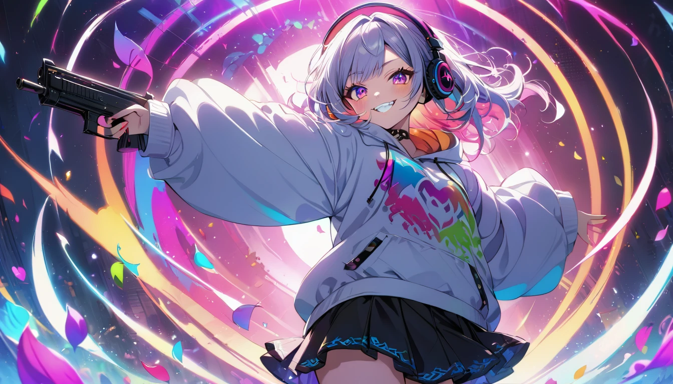((Masterpiece)), ((best quality)), (Anime:1.3), (super detail:1.2), (High Definition:1.3), (Professional Photography:1.3), cute young Girl, (holding assault rifle:1.5), Glossy unruly hair, (loose swept bangs), (silver ash hair), medium hair, big eyes, (Eye bags:1.3), (Long eyelashes), colorful eyes, (evil smile and blush), Glossy lips, (jagged teeth), farewell, (white hoodie with oversized), (black mini skirt), barearms, cute, (colorful:1.3), gothic makeup, (wearing headphone), neon-lit, pretty, Celtic, maniac, colorful petals dance around, at glass land,