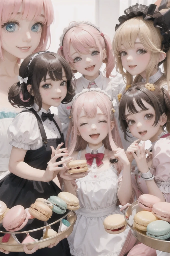 4+ girls, multiple colored hairs, sweet maids, random cute faces, super happy smiling, open mouth, group shot, zoom camera, sweet tea party, lots of cakes, macarons, chocolates, parfaits, cookies, land of sweetsGothic