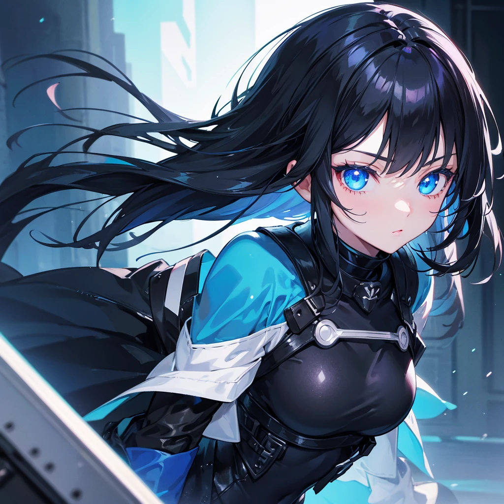 Fantasy　neon　uniform　blue eyes　One Girl　Black Hair　long hair　Holy Knight