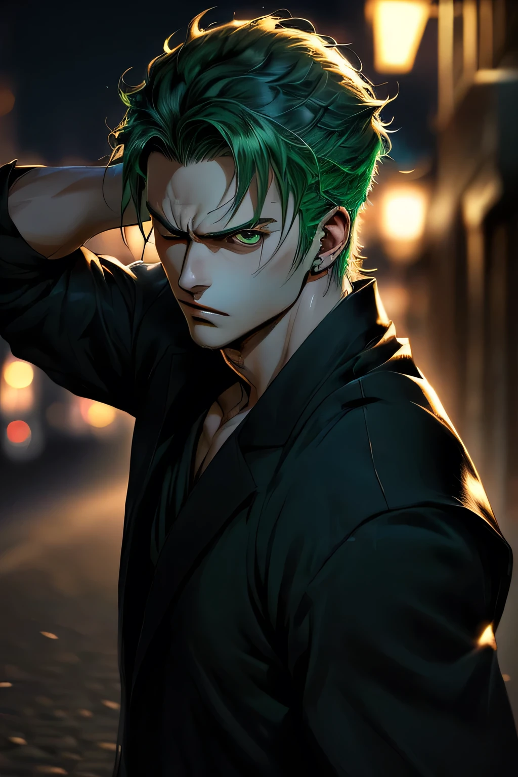 Handsome 1boy, Roronoa zoro, Angry expression, (Close one eye), Eye wounds, Green Hair. alone, whole body, ((((masterpiece))), ((Highest quality)), (Very detailed), Dark intense shadows, Lighting, High resolution, Good composition, Dynamic pose, Iris, Modern and fashionable dark clothing, Blurred Background, Night Street