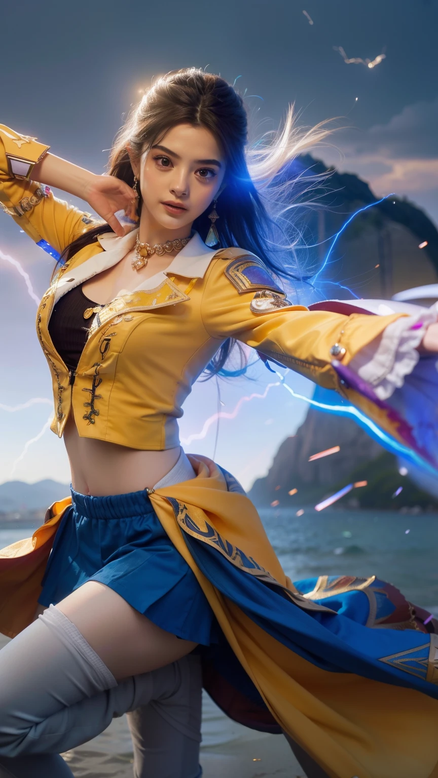 a close up of a woman in a yellow and blue outfit holding a sword, maya ali as a lightning mage, irelia, style artgerm, extremely detailed artgerm, maya ali as a storm sorcerer, maya ali as a wind mage, ig model | artgerm, artgerm lau, heise jinyao