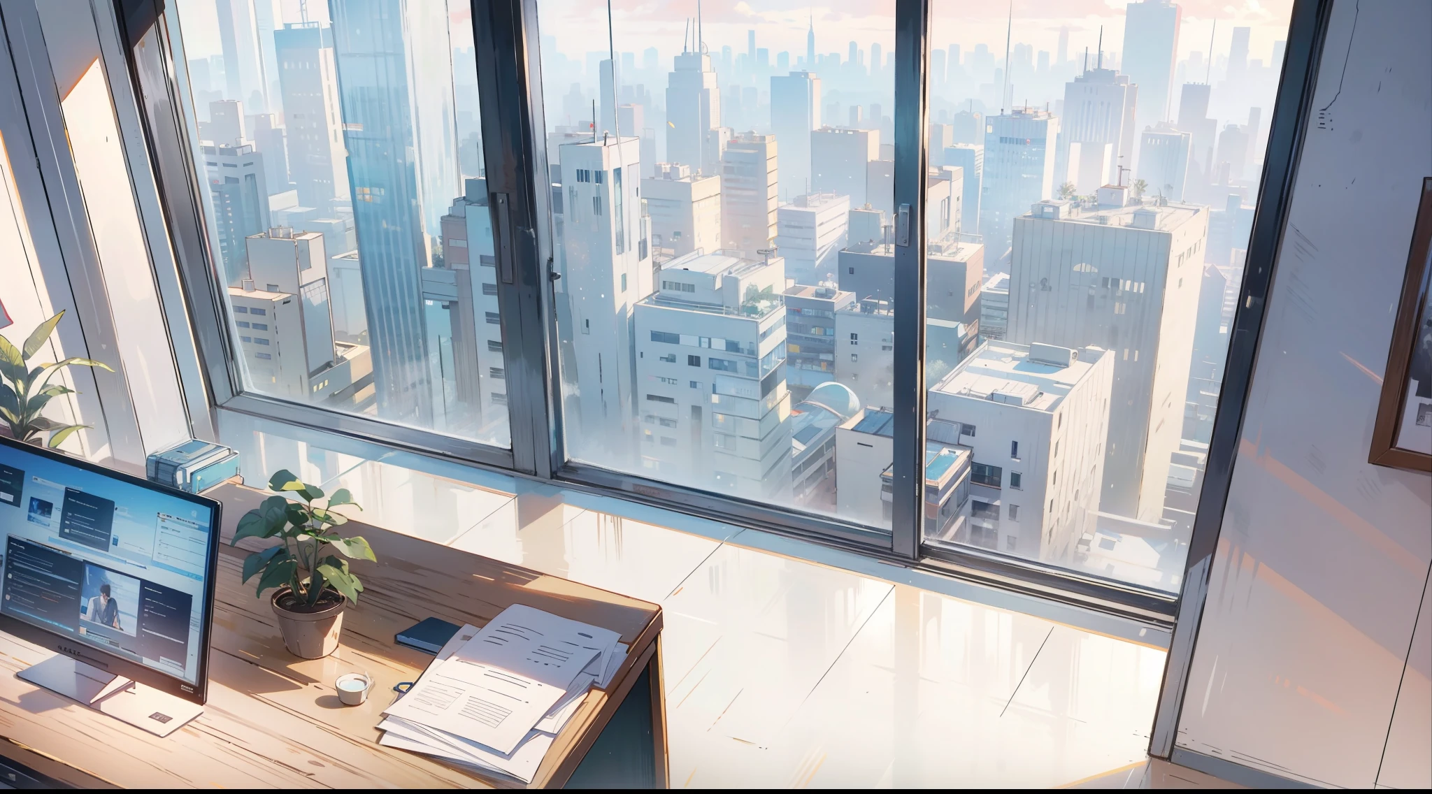 (best quality,masterpiece:1.2,detailed details,4k), office, president's office, floor-to-ceiling windows, potted plants, computers and documents on the desk, top-down view scene,