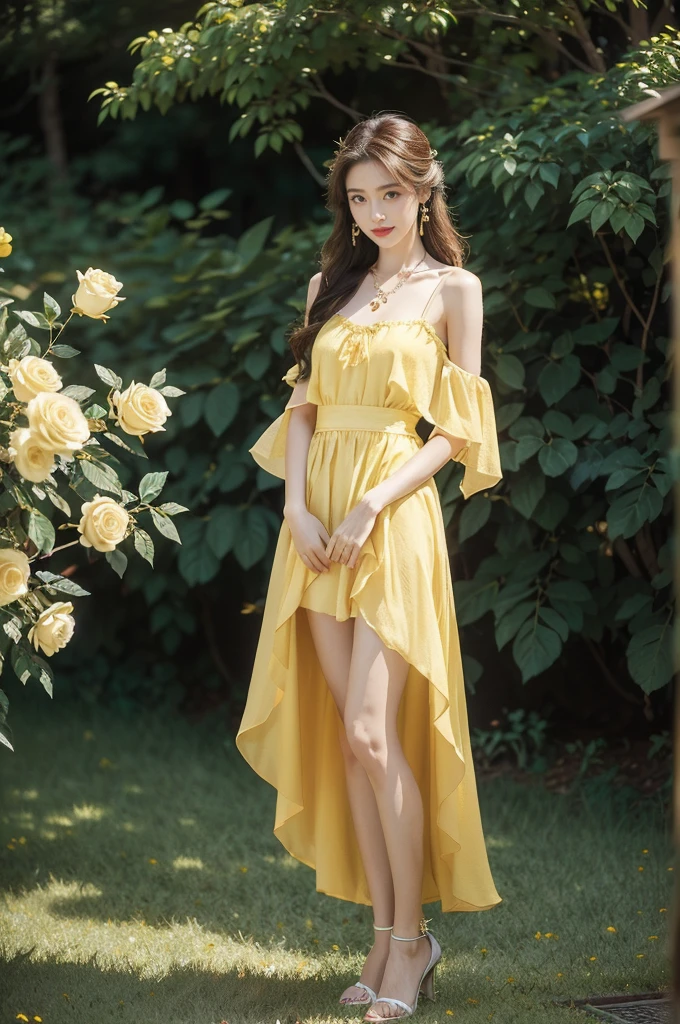 (((best quality))),(((ultra detailed))),(((masterpiece))),illustration, a stunning young girl amidst a sea of yellow roses, yellow rose petal dress,slim,thin, fair skin,shoulder length straight chestnut hair,earrings,necklace,intricate patterns, embellishments, ethereal charm, sparkling eyes, gentle smile,flat chest,small breasts, innocence and grace, yellow roses background, full bloom, fragrance of roses, enchanting presence,admiration, beauty and nature blend, striking appearance, vibrant yellow color, harmonious equilibrium,lasting impression,((standing,arms behind back)),((full body,from front)),night scene,slender legs,high heels