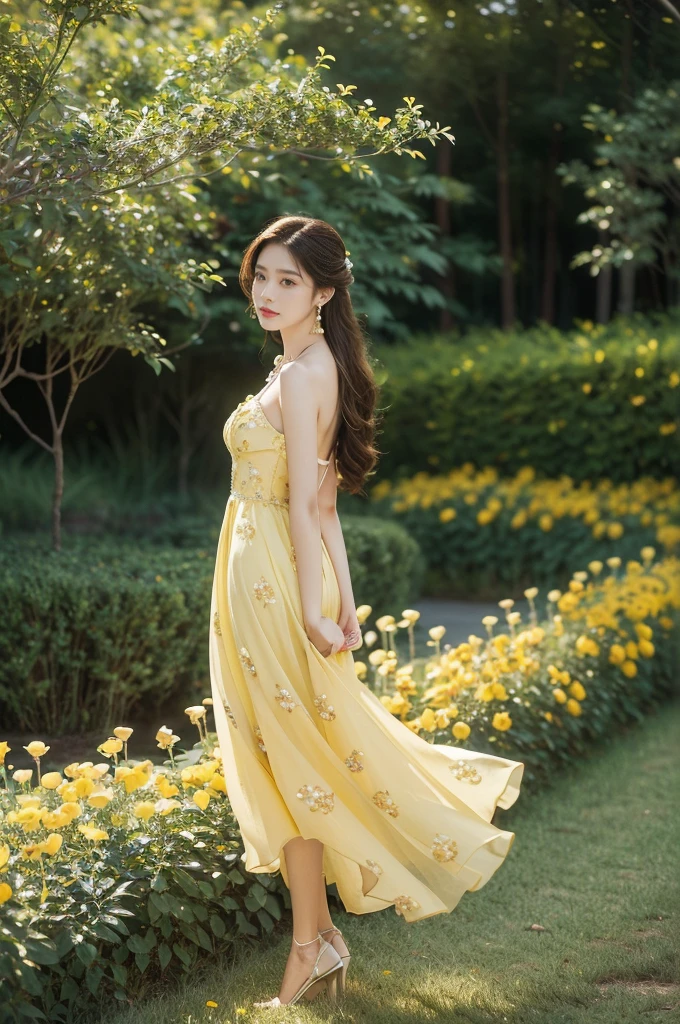 (((best quality))),(((ultra detailed))),(((masterpiece))),illustration, a stunning young girl amidst a sea of yellow roses, yellow rose petal dress,slim,thin, fair skin,shoulder length straight chestnut hair,earrings,necklace,intricate patterns, embellishments, ethereal charm, sparkling eyes, gentle smile,flat chest,small breasts, innocence and grace, yellow roses background, full bloom, fragrance of roses, enchanting presence,admiration, beauty and nature blend, striking appearance, vibrant yellow color, harmonious equilibrium,lasting impression,((standing,arms behind back)),((full body,from front)),night scene,slender legs,high heels