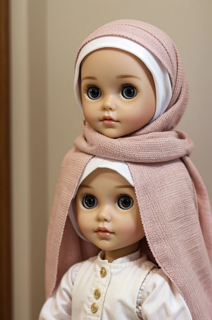 white small Blythe doll wearing a pink hijab and have brown eyes