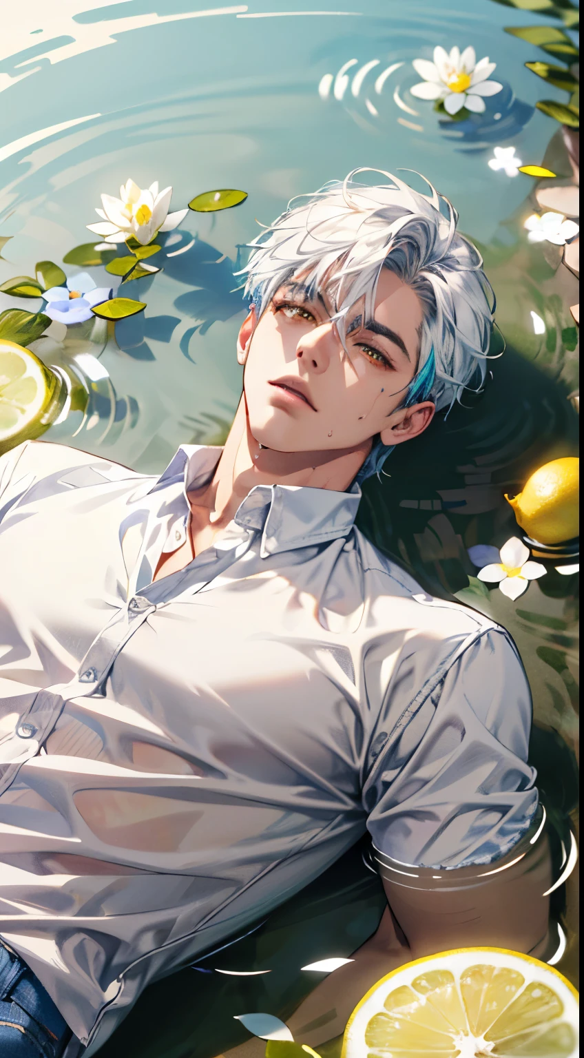 (absurdres, highres, ultra detailed), 1 male, handsome, tall muscular guy, mature, (The pond is filled with lemon slices and white flowers), A man lying on back comfortably in it, from directly above, (white shirt, jeans), wet, colorful, artistic, depth of field, focus on his face,calm facial features, lemon slices around face