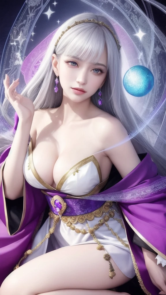 (masterpiece, top quality, 1 female, solo, exquisite details, chromatic aberration), (realistic), (skin), ((breathing)), (silver hair, blunt bangs, short straight long hair, short bangs, silver hair), beautiful hair, red headdress, blue highlights, hair over one eye, pretty eyes, purple eyes, thick lips, earrings, piercing eyes, ((gold and white kimono)), ((symmetrical eyes)), ((perfectly symmetrical body)), ((perfectly symmetrical hands)), (purerosface_v1:0.3), night, ((self, natural light))), bright lighting, flowers blooming in the background, in front of the viewer, ((central shot, from the front, (face and shoulders))), mysterious atmosphere, flowers blooming around, light colored background, fortune teller in kimono, beautiful fortune teller, fortune teller, fantasy female fortune teller, female fortune teller, f Fantasy photography, magician, witch fairy tale, Japanese style, elegant cinematic fantasy art, fantasy woman, sorceress portrait, casting spells, fortune teller, powerful wizard stands among mystical colorful flowers, fluttering robes adorned with symbols, holding a glowing heart crystal ball, eyes glowing with mystical energy, spells leaking from his mouth, vivid swirling patterns of black magic pulsating with iridescent hues appear in the air, magic permeates, flowers bloom, sacred creatures gaze in awe, threads of magical energy dance, revealing hidden realms, unravelling secrets, capturing the essence of this enchanting moment and bringing to life the mystical power of witchcraft on a canvas of the highest quality and finest detail. Top Quality, Masterpiece, Ultra High Resolution, (Photorealistic: 1.4), RAW Photo, Sharp Focus, High Resolution, Detailed Skin.