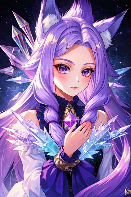 young girl with long light purple hair, purple eyes, fox ears, two crystallized foxtails, and has three crystal marks on the forehead