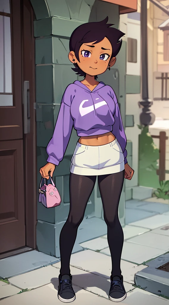 Luz Noceda, large breasts, cleavage, ((purple and white small sweatshirt and a black stripped miniskirt)), high quality fanart, open legs Style, official fanart, , official art, (nsfw), barefoot