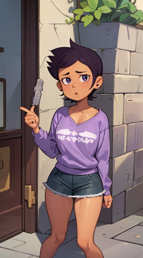 Luz Noceda, large breasts, cleavage, ((purple and white small sweatshirt and a black stripped miniskirt)), high quality fanart, open legs Style, official fanart, , official art, (nsfw), barefoot