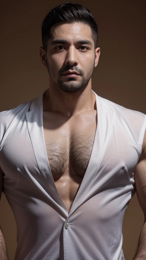 35-year-old mafia man, moreno, with short hair, with large, wide pectorals and arms, barely marked abs, no shirt, no hair on chest, hairless.