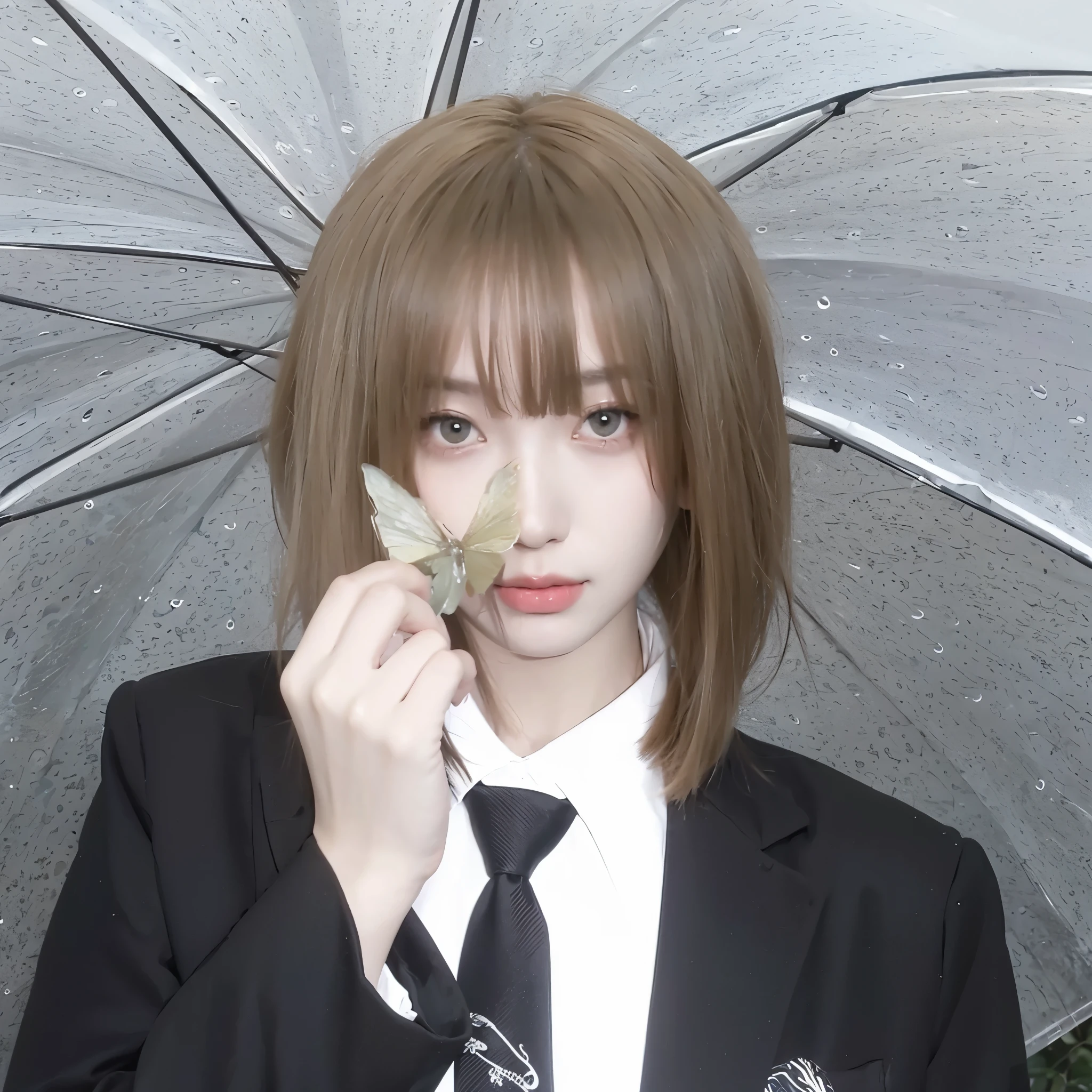 Short blonde hair in milk tea sand,Background umbrella,Natural and beautiful hair