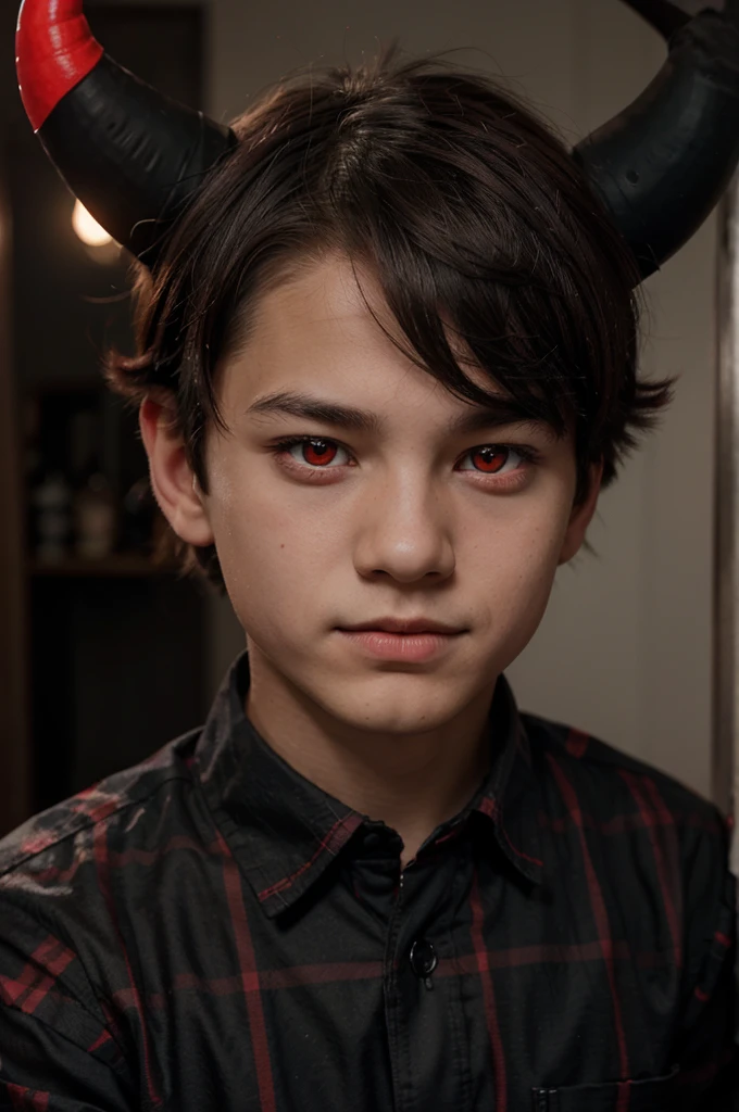 a boy wearing a black checkered shirt with red horns with red eyes 