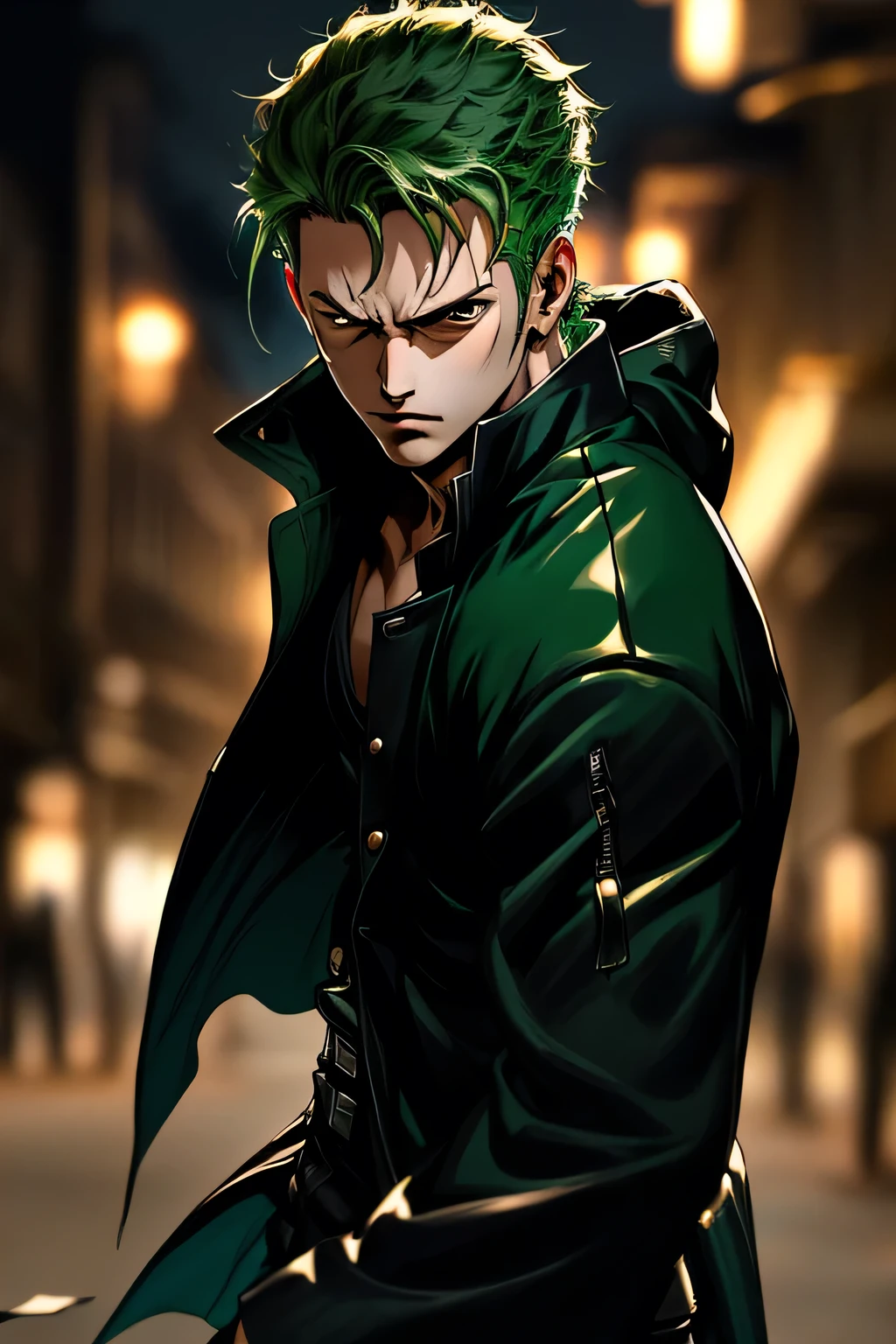 Handsome 1boy, Roronoa zoro, Angry expression, (Close one eye), Eye wounds, Green Hair. alone, whole body, ((((masterpiece))), ((Highest quality)), (Very detailed), Dark intense shadows, Lighting, High resolution, Good composition, Dynamic pose, Iris, Modern and fashionable dark clothing, Blurred Background, Night Street