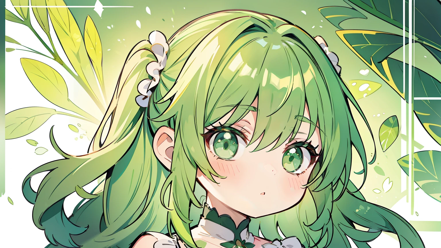 masterpiece, beautiful detailed, {wearing oversized clothes}, green theme, green Eyes, green hair, one side up, 1girl, looking up, medium breasts, hair scrunchie, {{{{{Alphonse Mucha}}}}},{{{bold outline}}}, limited palette
