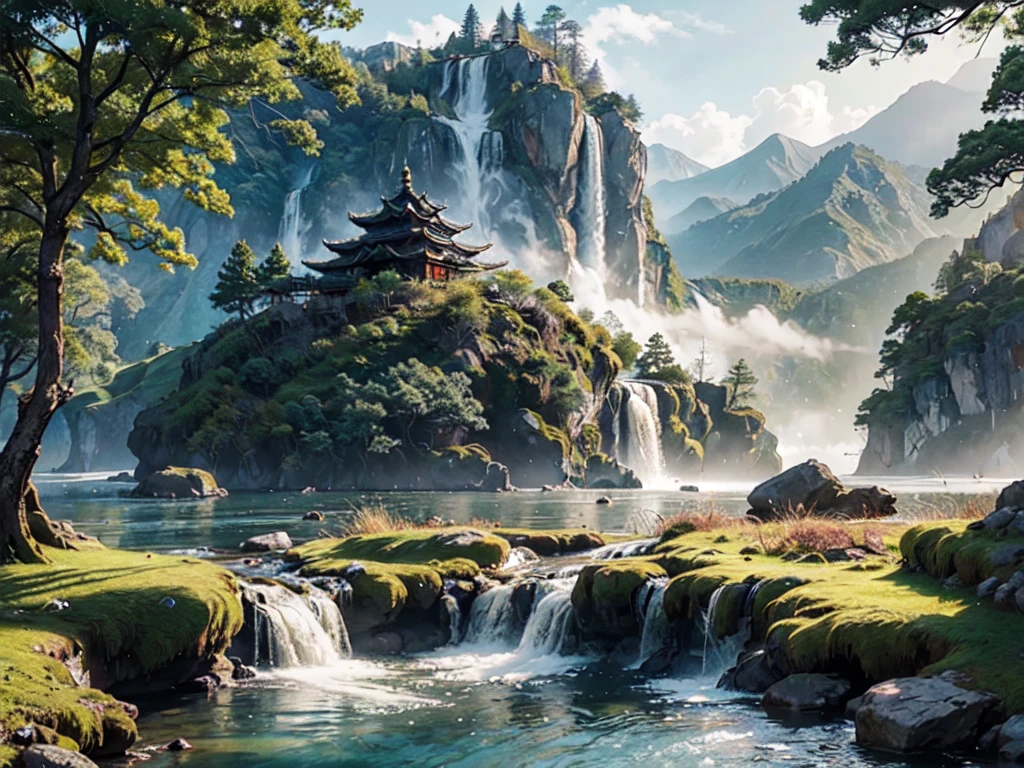 A serene scene of a majestic Chinese dragon, its scales shimmering like emeralds under the soft glow of the morning sun, gently resting its colossal head on the lap of a young girl. The girl, clad in traditional Chinese attire, sits peacefully amidst a verdant meadow, her gentle touch conveying a deep connection with the mythical creature. The surrounding landscape exudes an aura of tranquility and otherworldly beauty, with towering mountains shrouded in mist, waterfalls cascading down rocky cliffs, and ancient trees reaching towards the heavens. In the distance, a majestic temple emerges from the clouds, its golden roofs gleaming in the sunlight. The overall atmosphere is one of harmony, reverence, and the profound connection between humanity and the natural world.