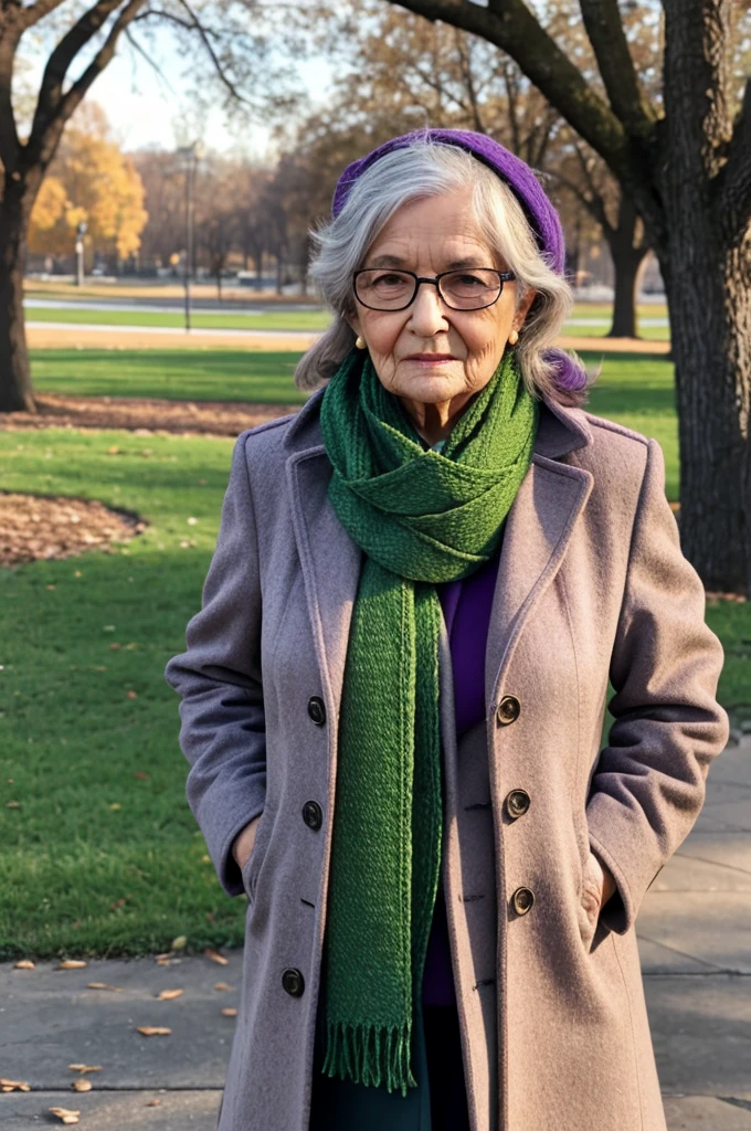 masterpiece, best quality, an old woman with glasses and a scarf on, wearing a purple coat and green scarf, standing at the park