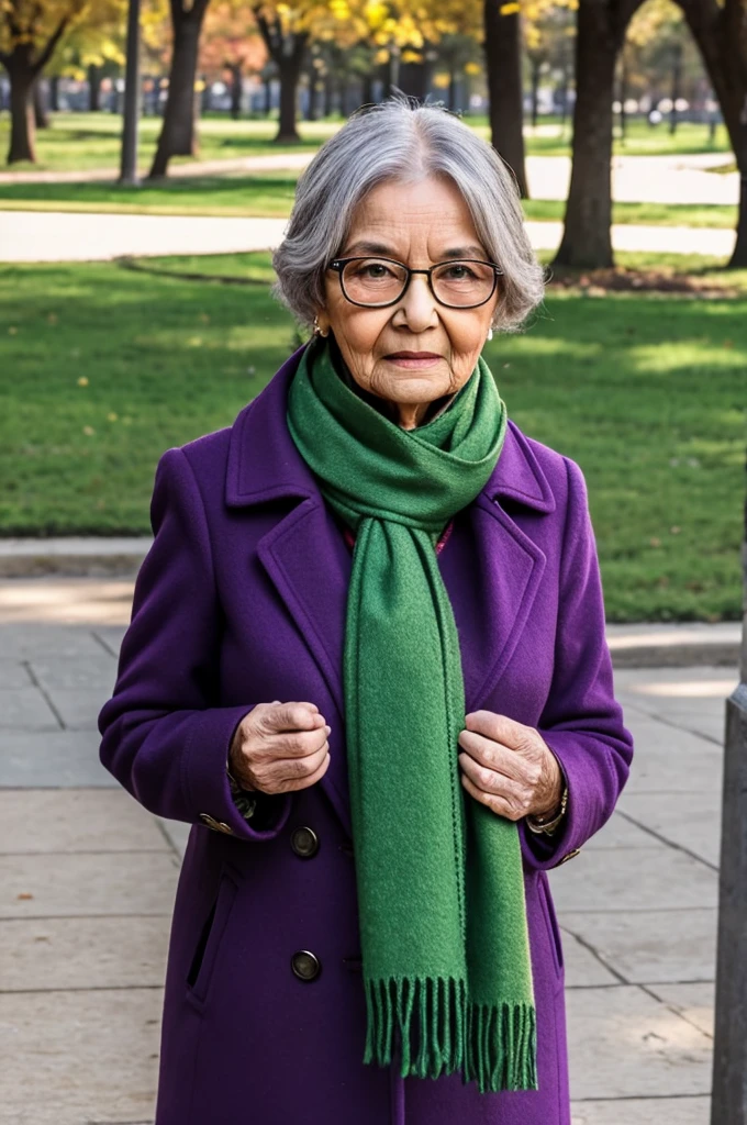 masterpiece, best quality, an old woman with glasses and a scarf on, wearing a purple coat and green scarf, standing at the park