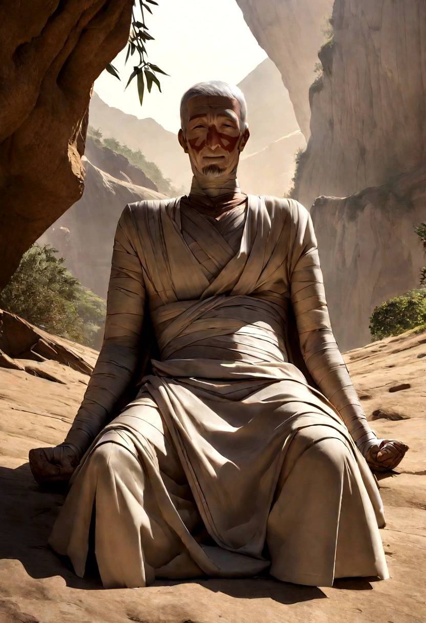 Depicting the Buddha's unwavering determination and hard work, Demonstrating his resilience when faced with difficulties on his spiritual journey, A man around 90 years old, Vulture Zen Master, Lying on your back and meditating、smile, Ultra-sharp focus,Sitting on a hill,frontage, Photo Real, Men's clothing in the Middle Ages, Tetrahedron Color (scar:1,4),I fasted for a month,Skinny,I'm about to die、Extremely skinny,Too skinny,I can see the bones,Mummified and exhumed
