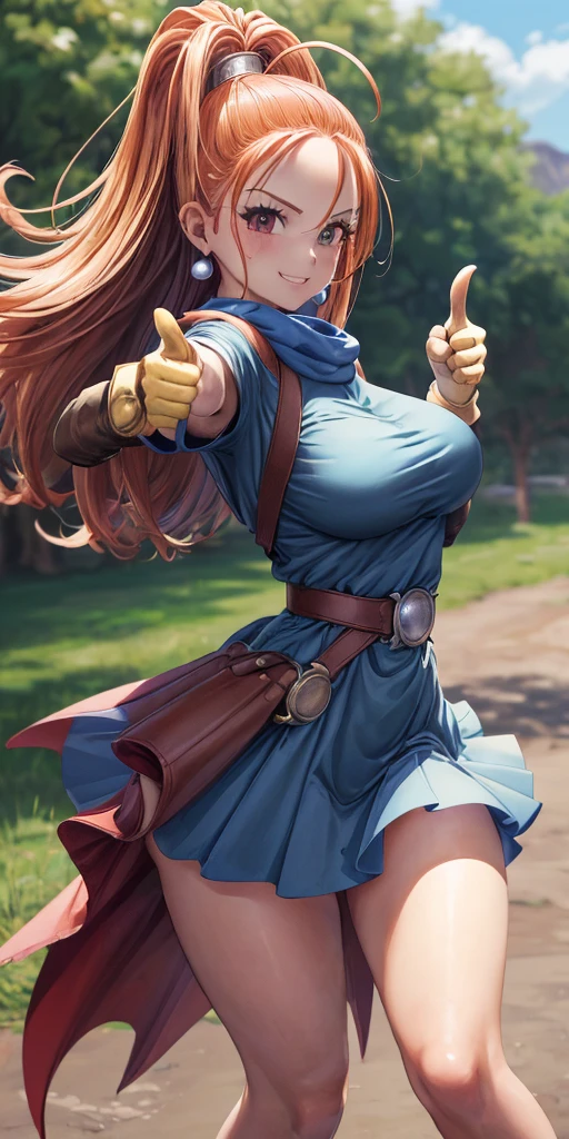 DQ6 Barbara, High Ponytail, Dress, Large breasts,
(Best Quality, masutepiece, Raw photo, Ultra-detailed:1.2), 1 girl Solo, Looking at Viewer, Smile, flered skirt, Skirt flips in the wind, Pose emphasizing buttocks, from front, cowboy shot, thumbs up