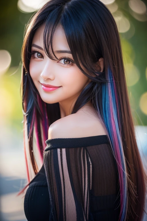 (((A real beauty))), Black Hair、folder、Round eyes、False eyelashes、Straight Hair, correct、Pink lipstick、Striped Hair、Brown Hair、Blue Hair、(Dark blue hair)、(Gradient Hair)、Asymmetrical Hair、Hair behind the ear、Crossed bangs、Long Hair、(お尻までLong Hair)、Long Hair、Straight bangs、Smooth, silky hair、Hair up on one side、とんでもなくLong Hair、Valletta、Light brown eyes、Ring Eye、Round eyes、Wicked Smile、A light smile、Cast a Shadow、(Extraordinary presence)、Atmospheric perspective、Film Grain、Backlight、Exposure、Lens flare、、最high quality、超High resolution、超High resolution、Very realistic, masterpiece、correct、Textured skin、high quality、最high quality、Awards、32k, 髪のfolder、Cunning、A light smile、Shy laugh、Redness in the ears、correct、Subjective、Shine、360° View、Very detailed、超High resolution、解剖学的にcorrect、masterpiece、Emphasize the chest、High resolution、High detail、Long eyelashes、A slight blush、Compensate, (((Full Body Shot)))、Arms raised pose、Shooting from a distance、Various angles of view、