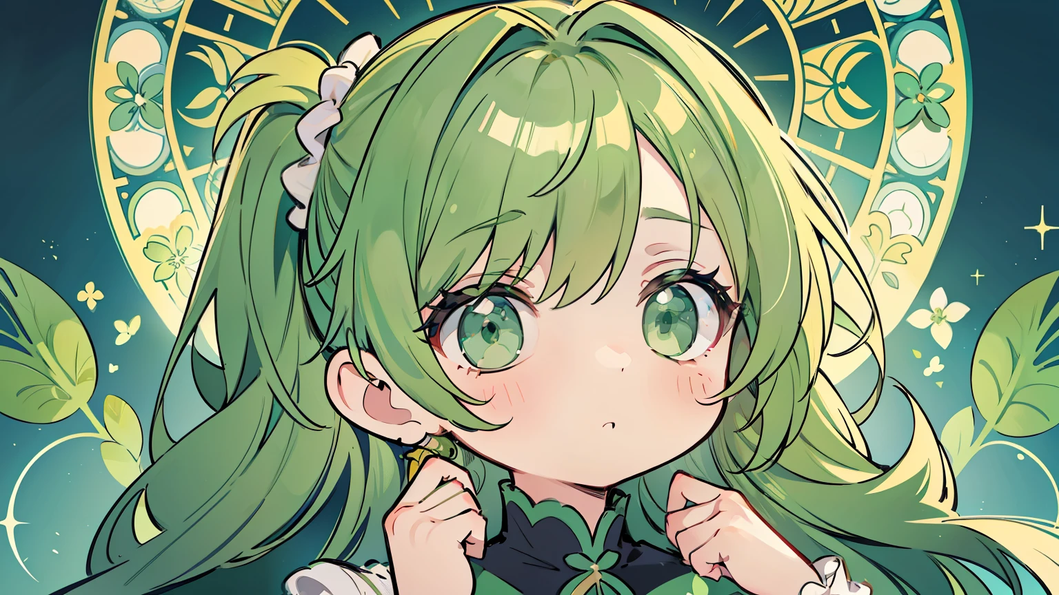 masterpiece, beautiful detailed, {wearing oversized clothes}, green theme, green Eyes, green hair, one side up, 1girl, looking up, medium breasts, hair scrunchie, {{{{{Alphonse Mucha}}}}},{{{bold outline}}}, limited palette