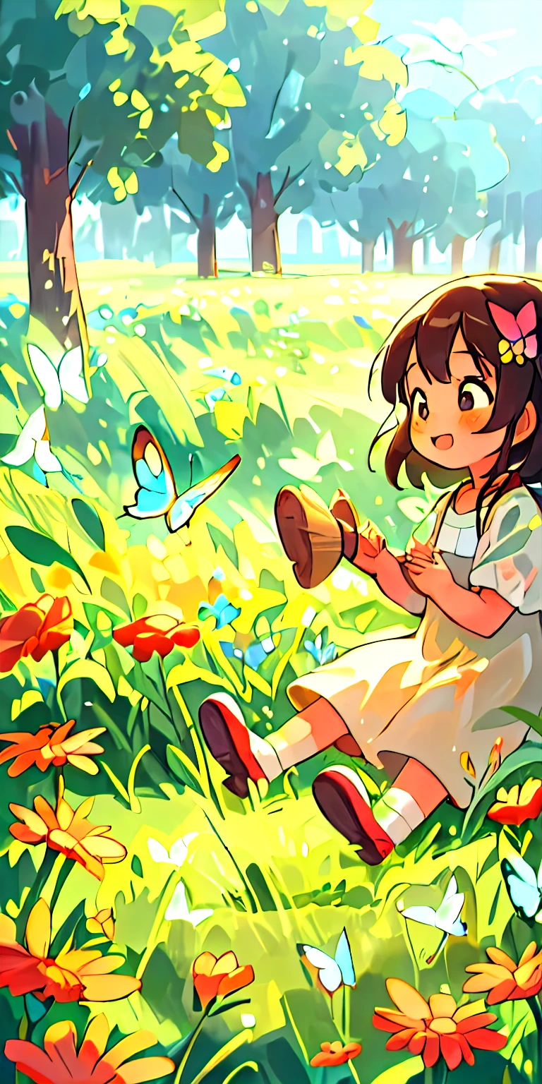 High Detail, Ultra Detail, 8K, Ultra High Resolution A cute and innocent girl, , toddler, enjoying her time in the open field, surrounded by the beauty of nature, warm sun sprinkling on her, wildflowers gently swaying in the breeze. Butterflies and birds flutter around her, adding to the playful atmosphere,