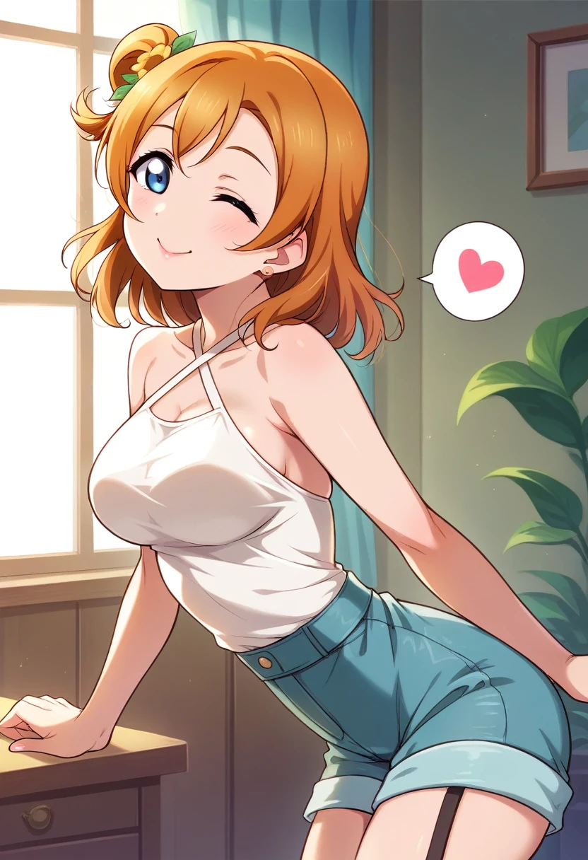 Honoka kousaka love live, cowboy shot, blue eyes, orange hair,hair flower, solo, Fashion , bshoulders, perfect eyes, Perfect iris，Perfect skin，Soft front light，Casual，indoors；（pastel colour:1.2）, halter neck,thin straps , sexy,(lipstick:0.8), breasts ,sexy pose,wink, (slightly bent over:0.8), bottom up , detailed breasts , shiny moist skin, shhhh, spoken heart , slightly from side 