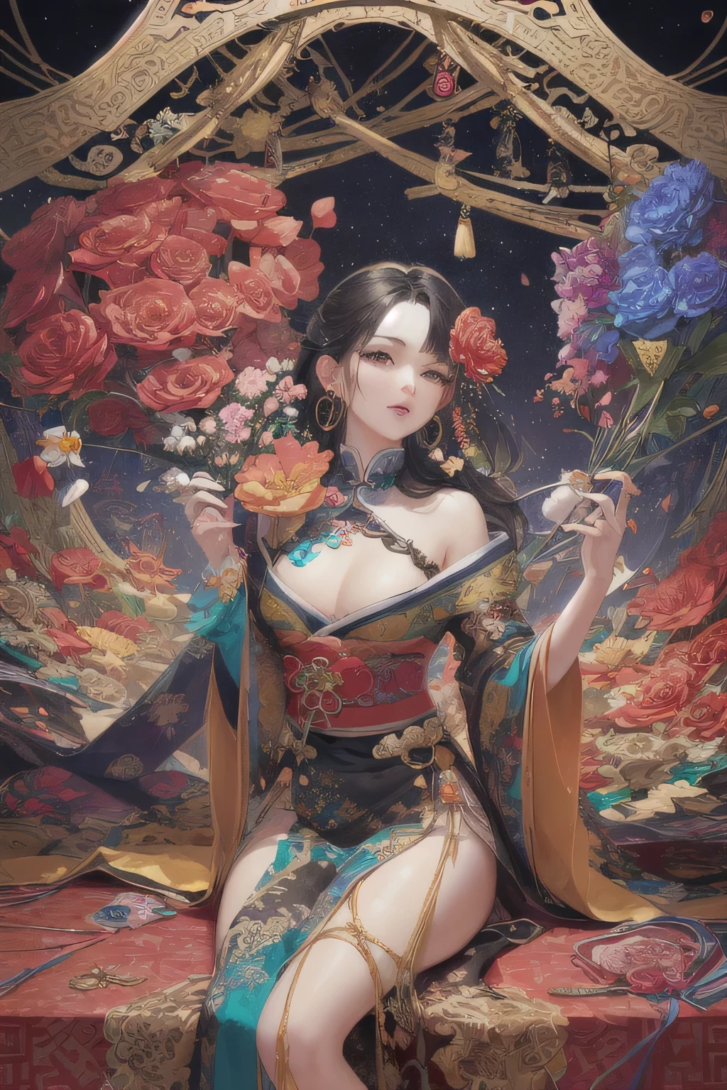 (masterpiece, Highest quality, Highest quality, Official Art, beautifully、aesthetic:1.2), (One girl:1.3), Very detailed,(Fractal Art:1.1),(colorful:1.1)(Flowers:1.3),Most detailed,(Tangled:1.2), (Dynamic pose), (Abstract background:1.3), (Chinese traditional cloth:1.2), (Shiny skin), (Many colors:1.4), ,(Earrings:1.4),