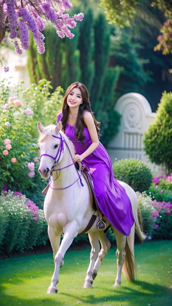 Realistic photo art of a beautiful long-haired woman smiling and wearing a purple dress，Riding a white horse in a beautiful garden.
True-to-life 8k UHD details