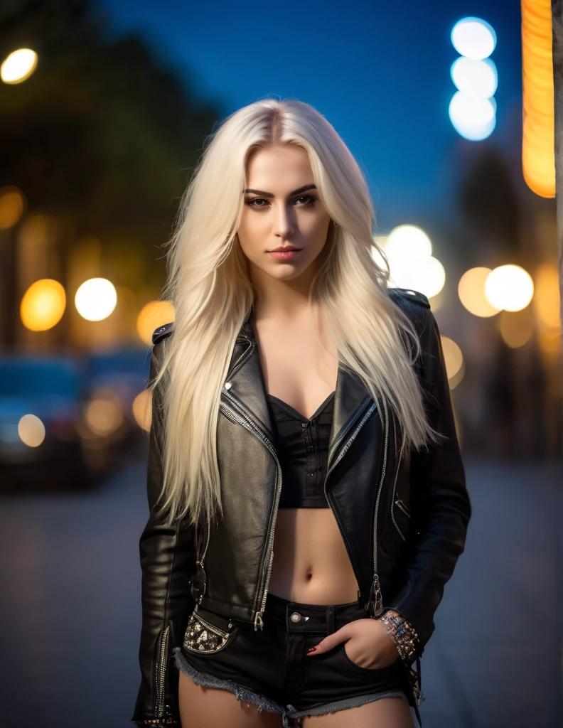 very attractive 25 year old girl with long platinum blonde hair, photo shot on Nikon D850, she is a rockstar., in style a glam rock, detailed face, blushing, teasing, Alluring. highly stylized, depth of field, bokeh effect, backlit, stylish, breathtaking, visually rich, masterpiece, full body shot.