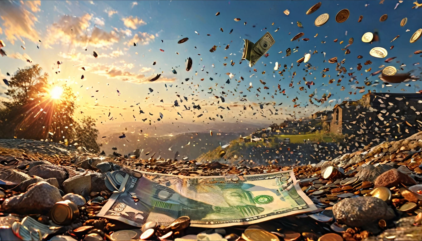 Landscape painting, a scene with lots of bills falling from the sky, money, currency, coins, no people, only background, (centered, resized, rule of thirds, high resolution, sharp focus, (ultra detailed, very detailed), (photorealistic artwork:1.37), (highly detailed CG Unity 8k wallpaper), (((vibrant colors, vibrant theme))), (complex), (masterpiece), (best quality), art photography, (sldr Photo by ), (complex background)